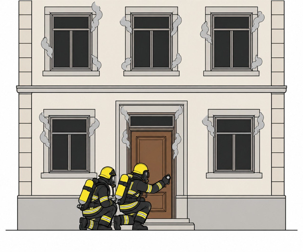 Senyals de backdraft en una façana: vidres ennegrits, fum pulsant per les escletxes i binomi arrecerat fora de l'eix de la porta